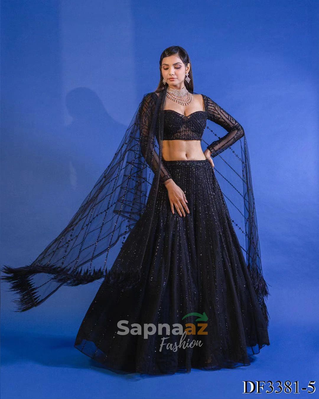 Radiant Black Butterfly Charm Heavy Net Lehenga