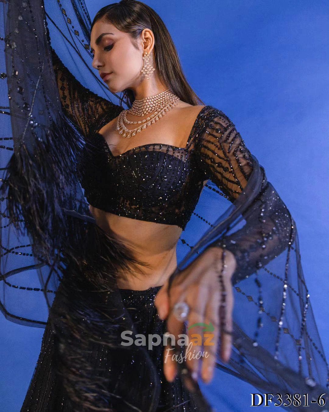 Radiant Black Butterfly Charm Heavy Net Lehenga alternate view