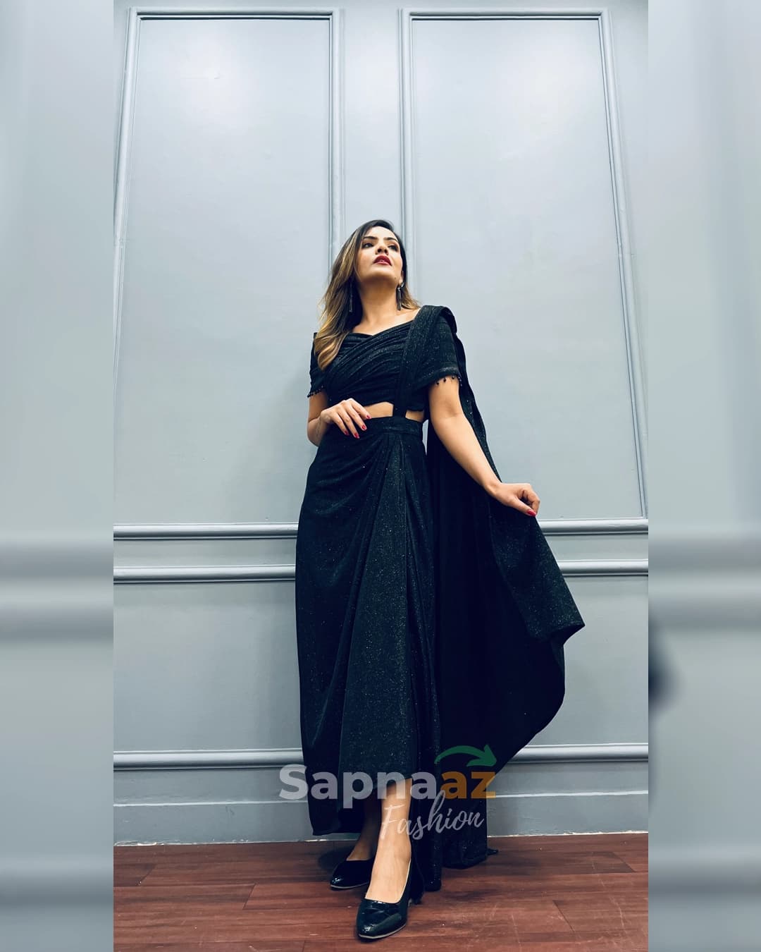 Black Shimmer Sarong Drape with Pearl Embellished Poncho Top