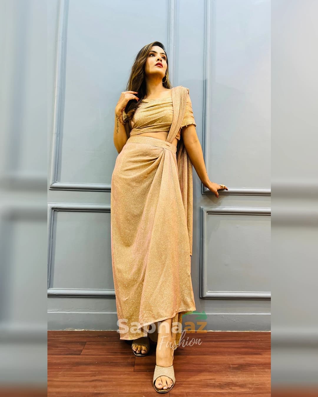 Golden Shimmer Sarong Drape with Pearl Embellished Poncho Top alternate view