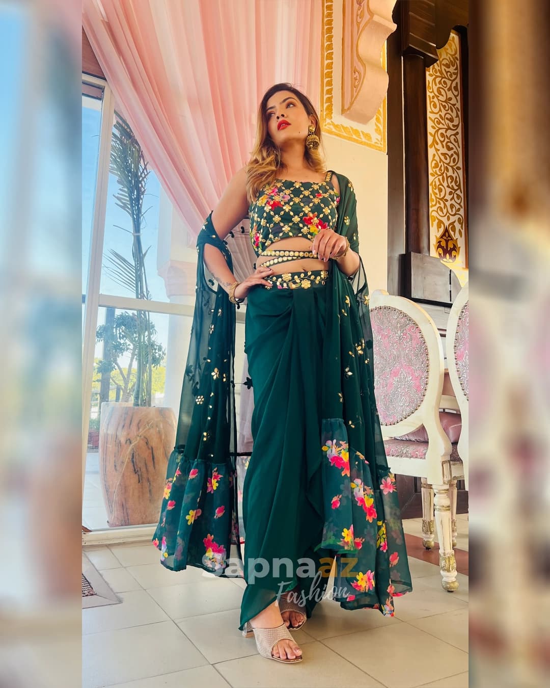 Elegant Bottle Green Foil Work Sarong Dress for Wedding Season