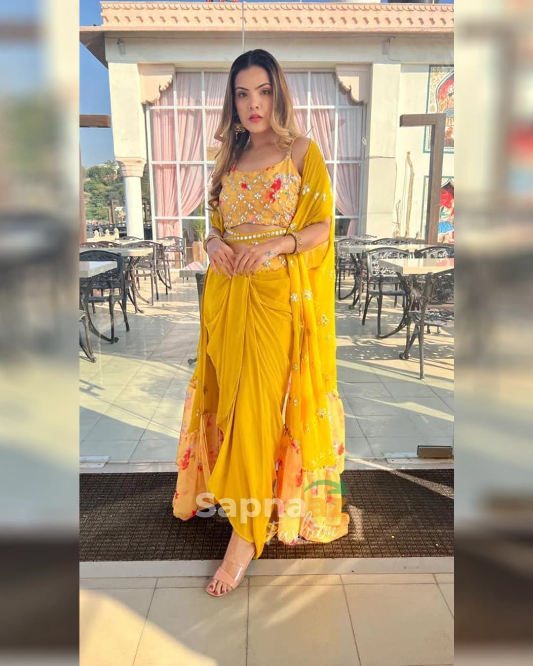 Stunning Wedding Season Sarong Dress with Foil Work Choli and Shrug