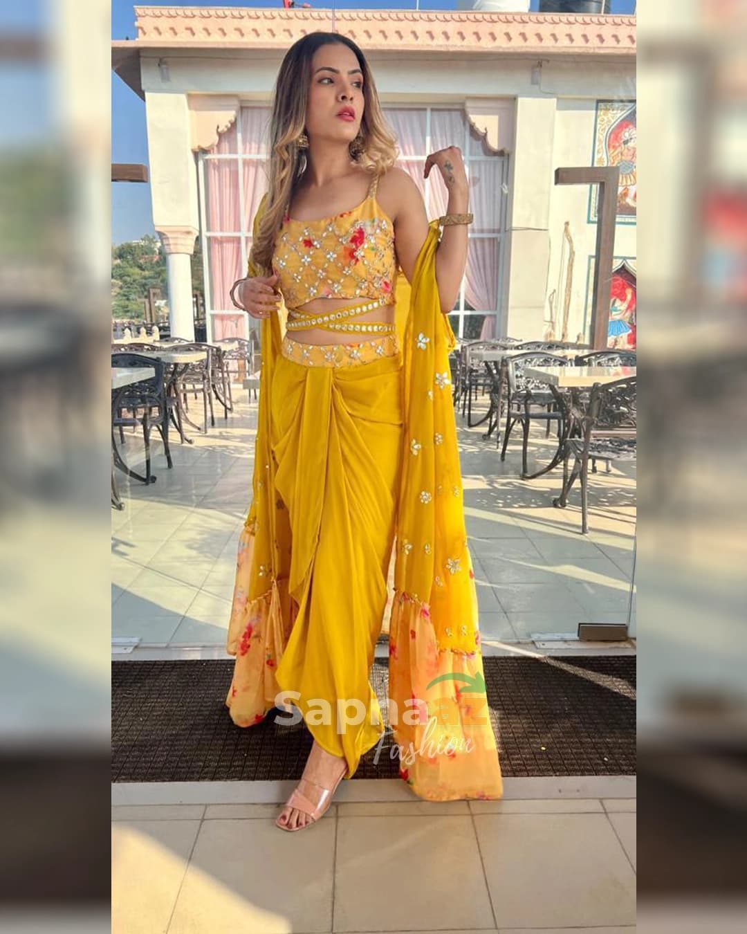 Stunning Wedding Season Sarong Dress with Foil Work Choli and Shrug alternate view