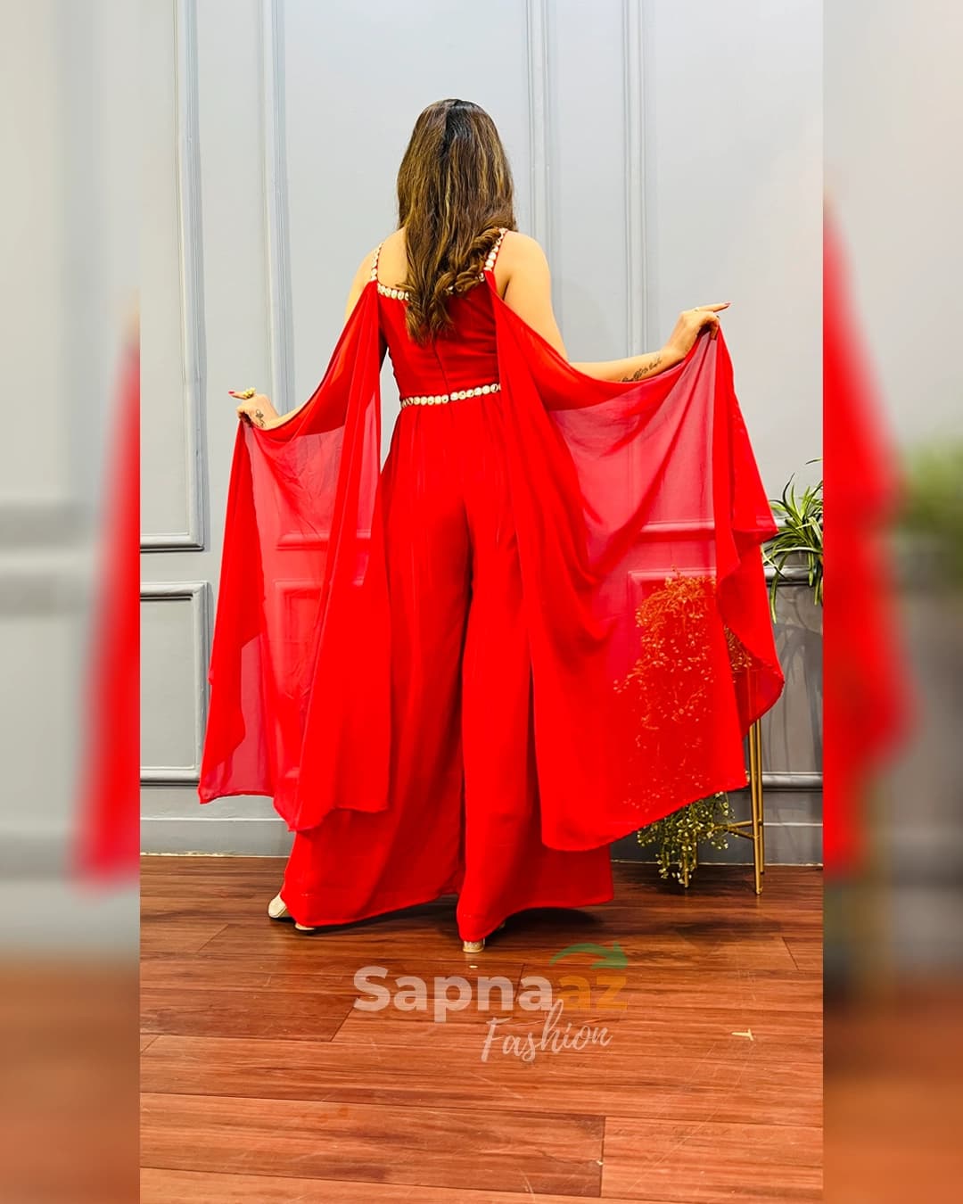 Ravishing Red Ethnic Jumpsuit with Zari Mirror Work alternate view
