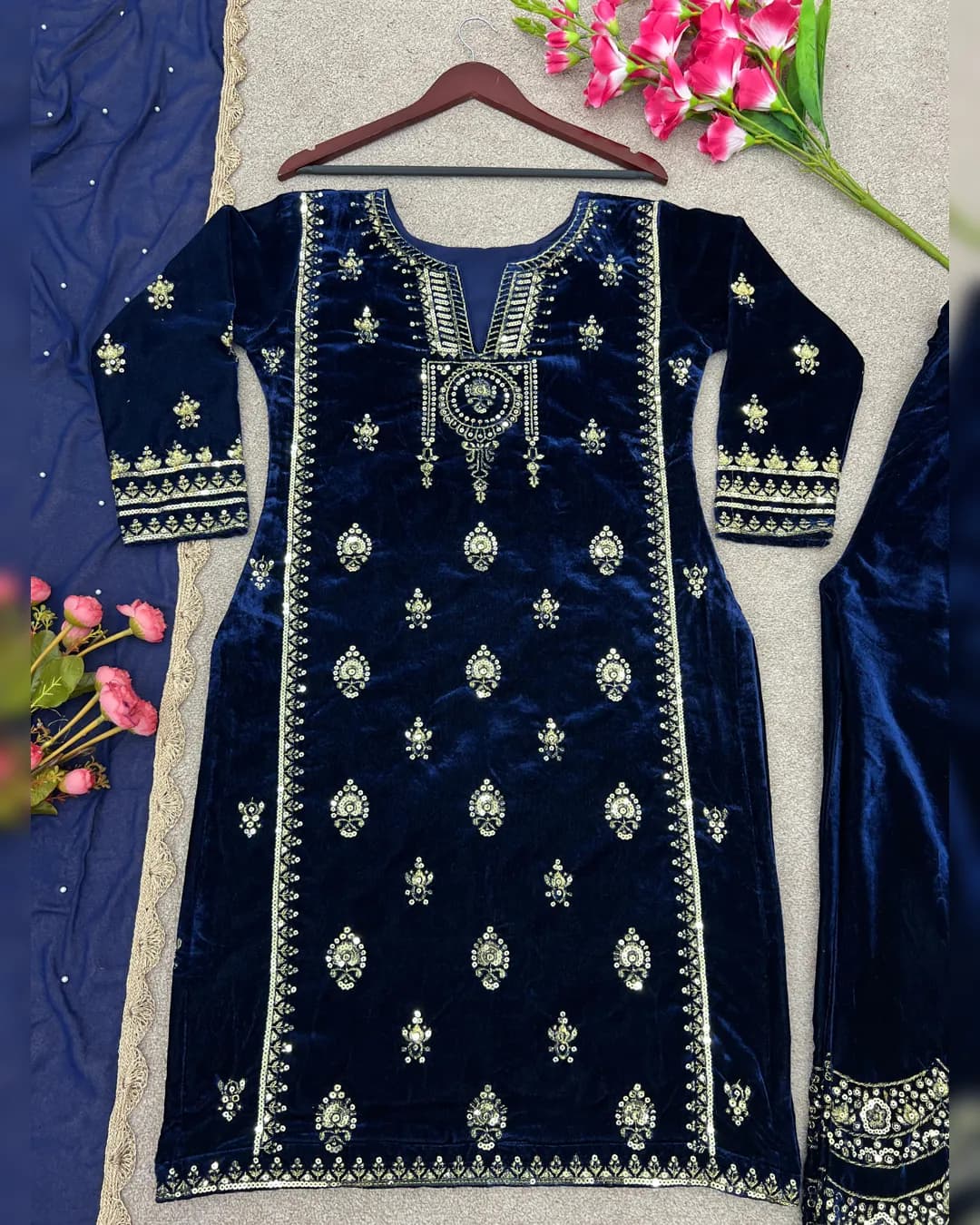 Luxe Viscose Velvet Ensemble with Embroidery Sequence Work alternate view