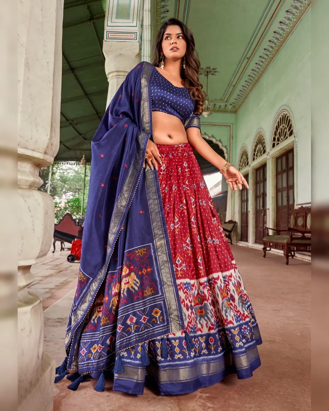 Elegance Redefined: Tussar Silk Lehenga Choli Ensemble with Patola Print and Foil Work alternate view