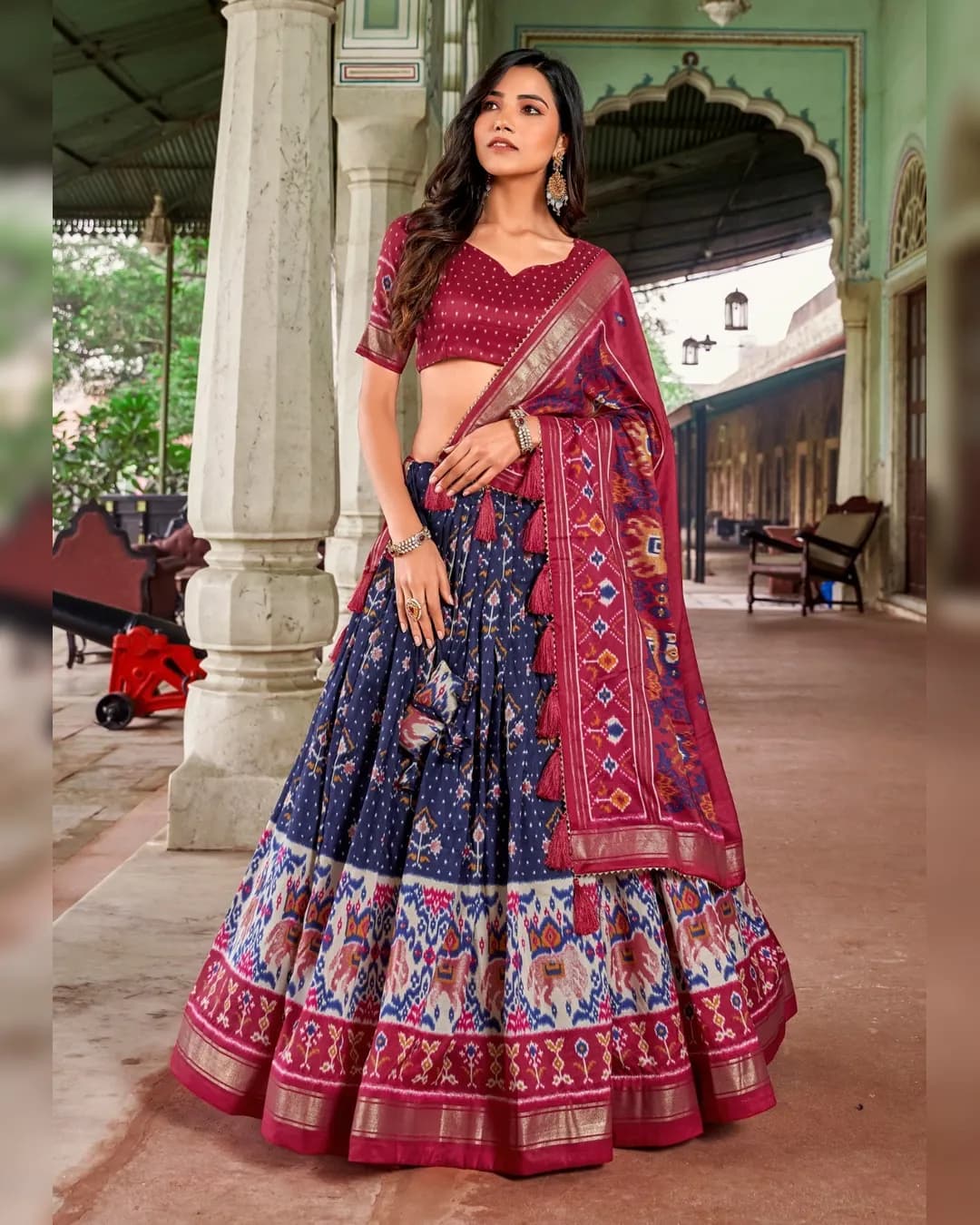 Elegance Redefined: Tussar Silk Lehenga Choli Ensemble with Patola Print and Foil Work