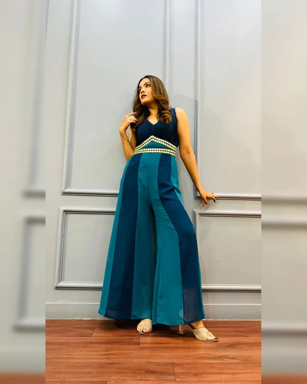 Designer Twin Color Jumpsuit with Embroidered Waist Belt