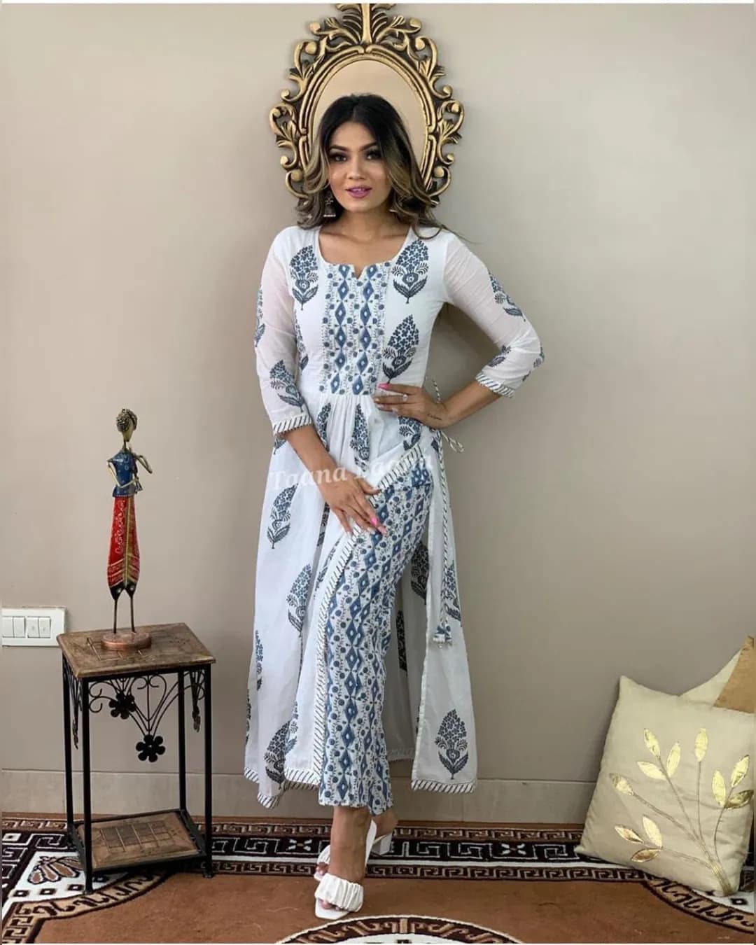 White Love Hand Block Print Long Kurta Pant Set
