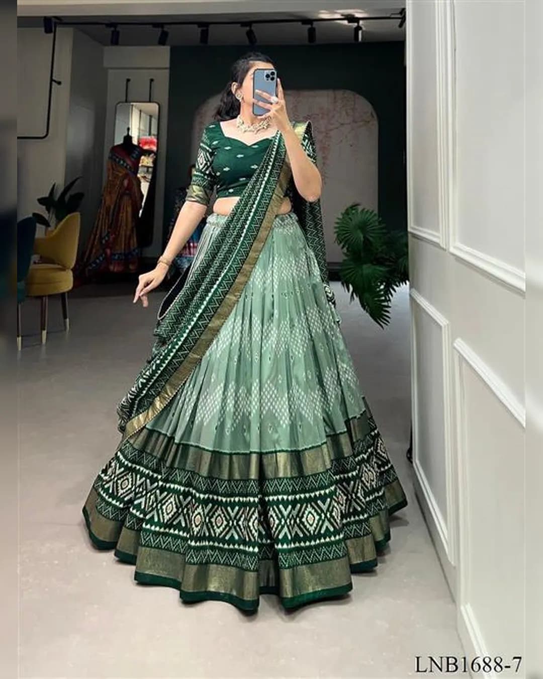 Tussar Silk Dot and Ikkat Print Lehenga Set alternate view