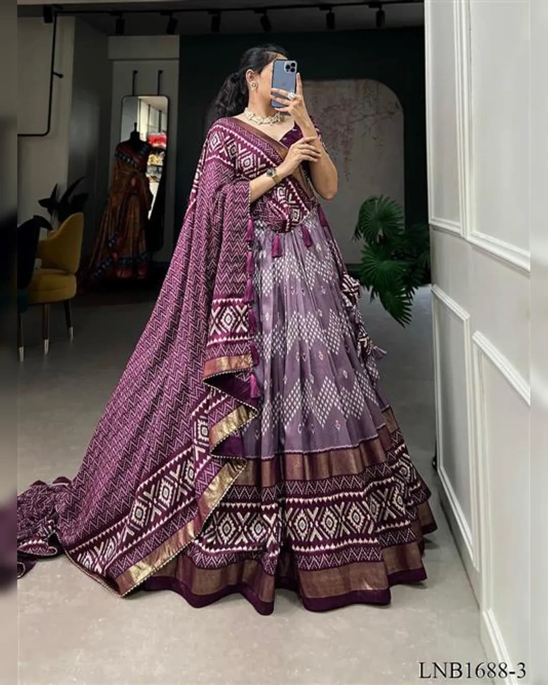 Tussar Silk Dot and Ikkat Print Lehenga Set