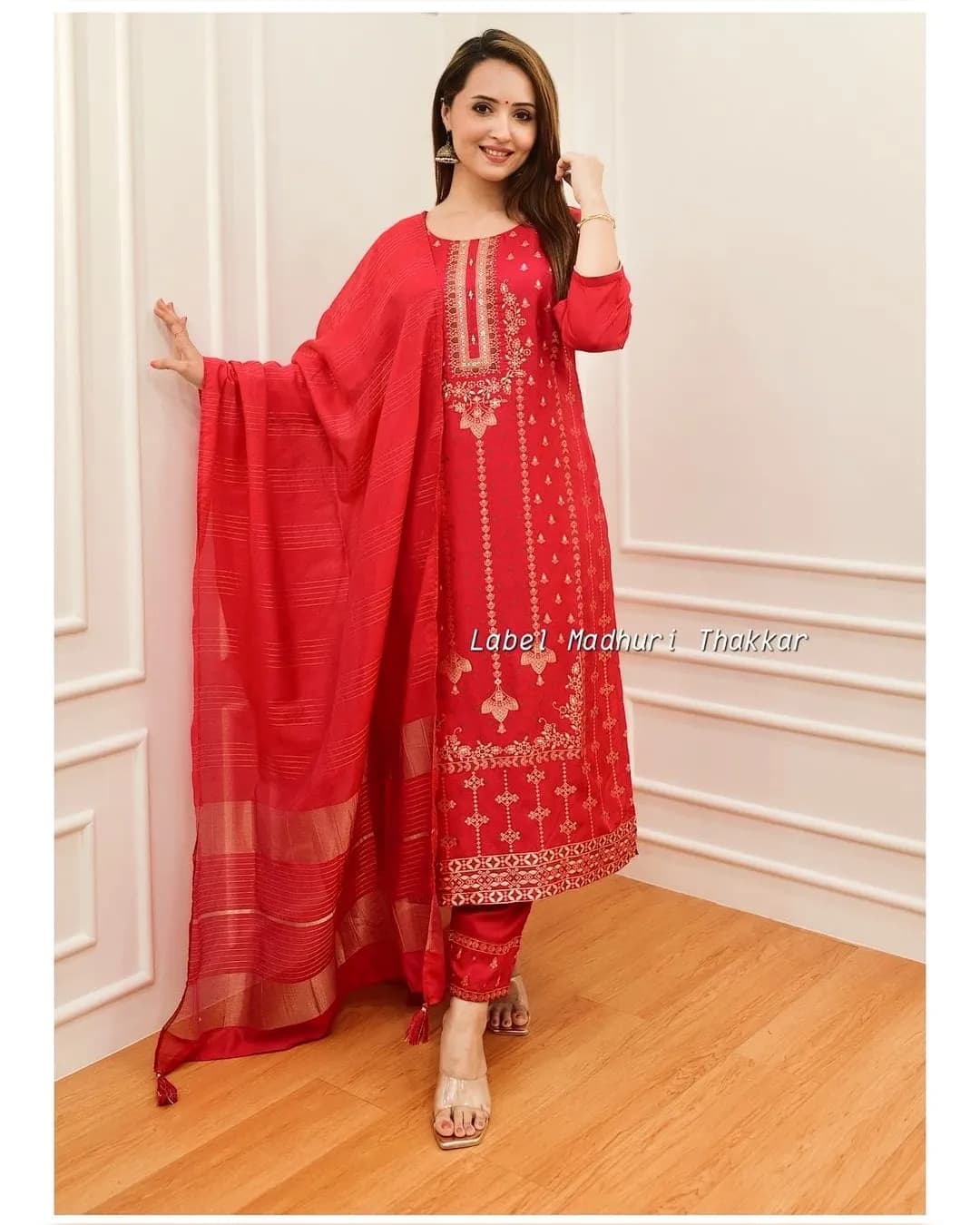 Embrace Elegance in Rani Pink & Red Rayon Printed Suit Set alternate view