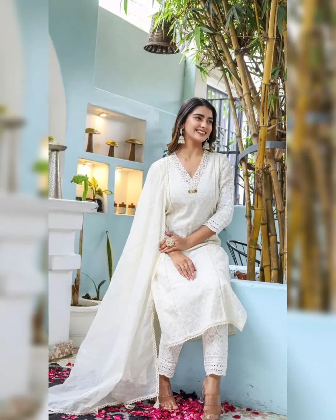 Chic Wedding Session Wear Kurti Pant Dupatta Set in Chickenkari Fabric alternate view