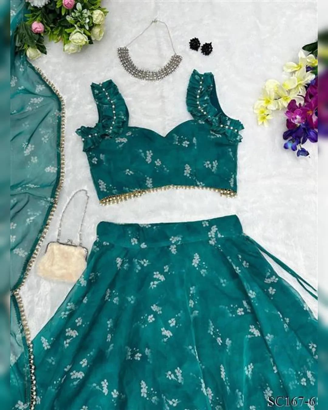 Ethereal Blossoms: Digital Printed Pure Organza Silk Lehenga Set