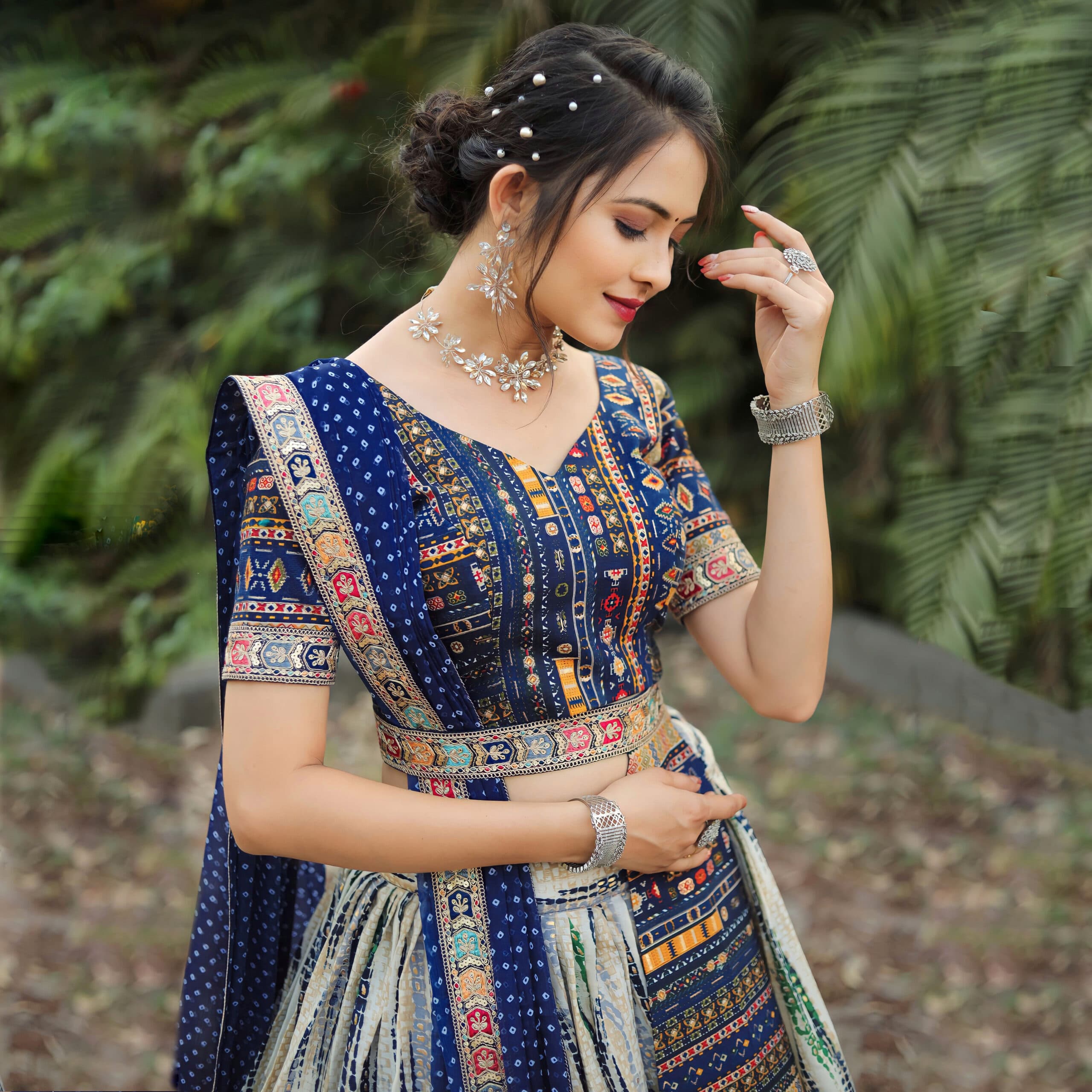 Majestic Shibori Splendor: Royal Blue Lehenga Choli Ensemble alternate view