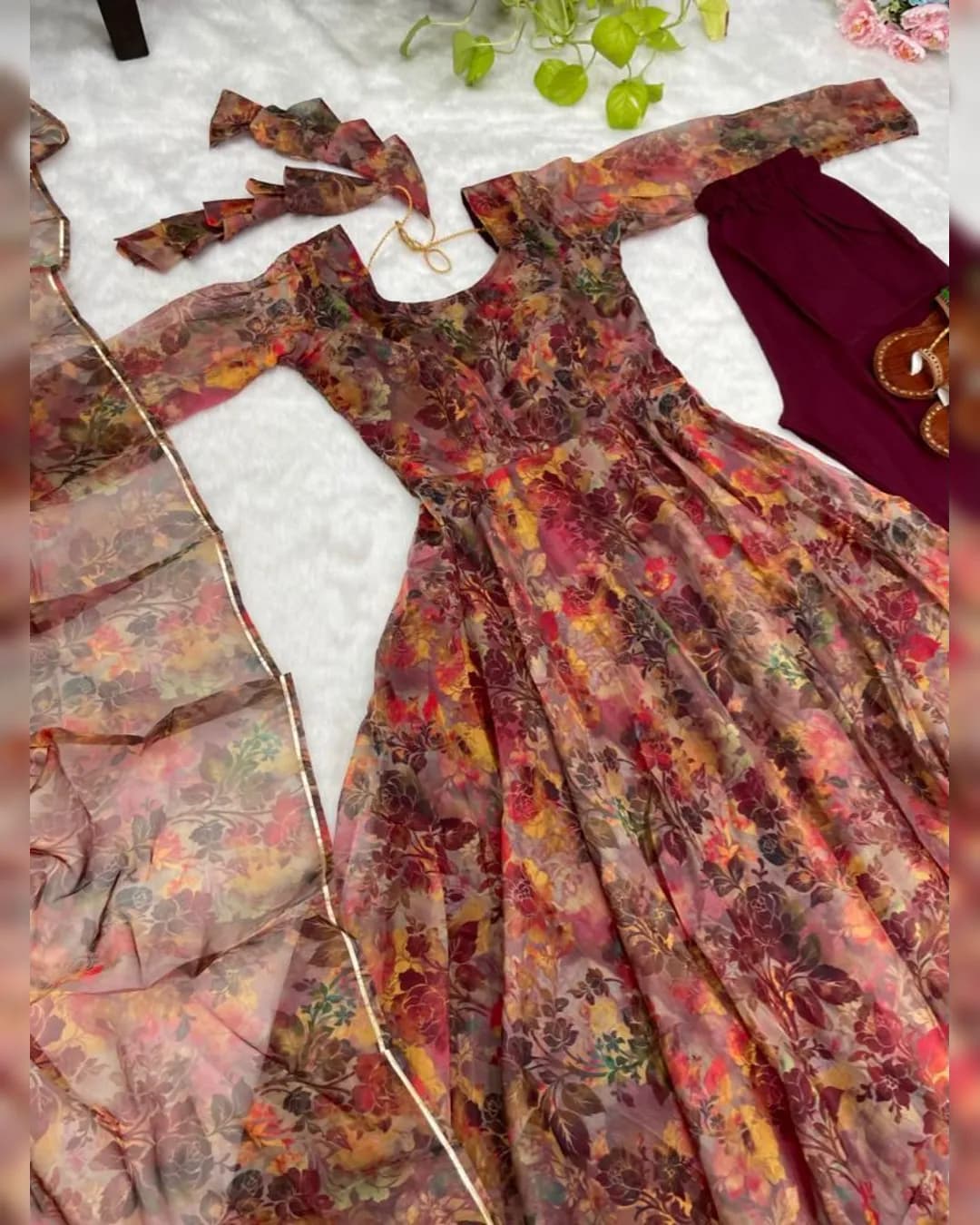 Enchanting Elegance: Organza Taby Silk Anarkali Gown Set alternate view