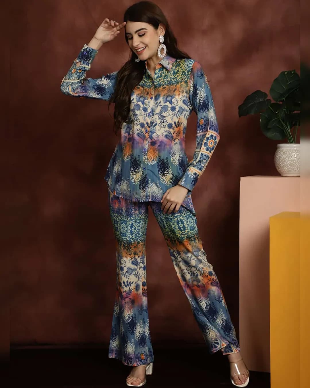 Chic Blue and Beige Abstract Rayon Co-ord Set: Shirt & Trousers