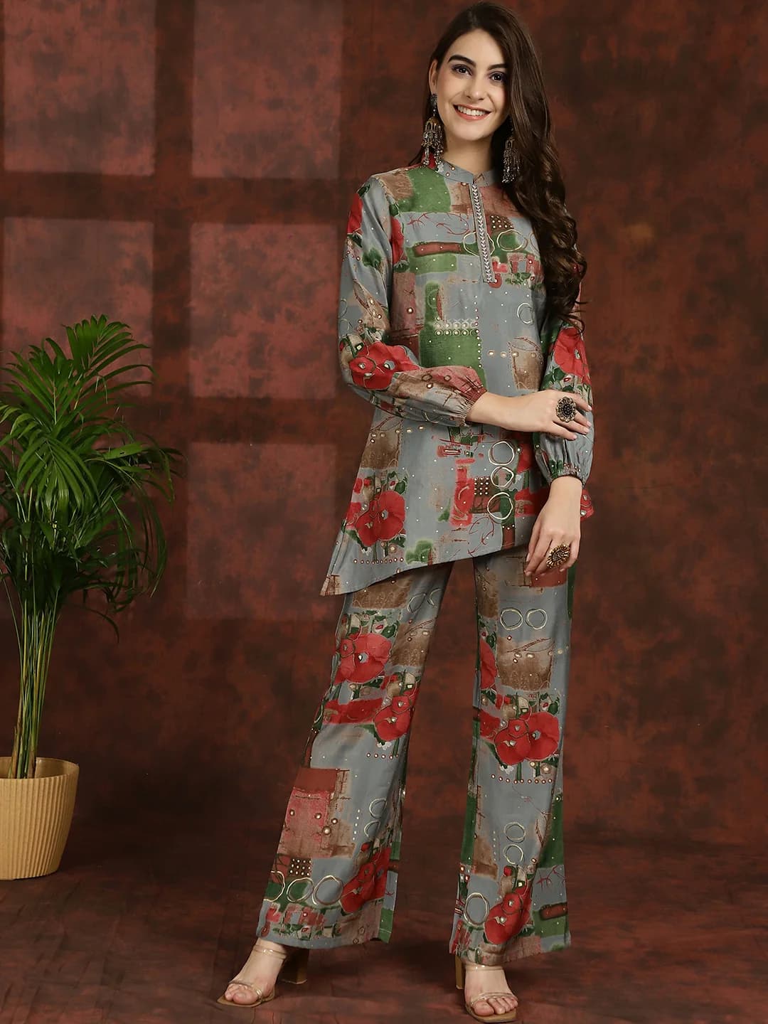 Grey Blossom Ensemble - Floral Chanderi Silk Co-ord Set