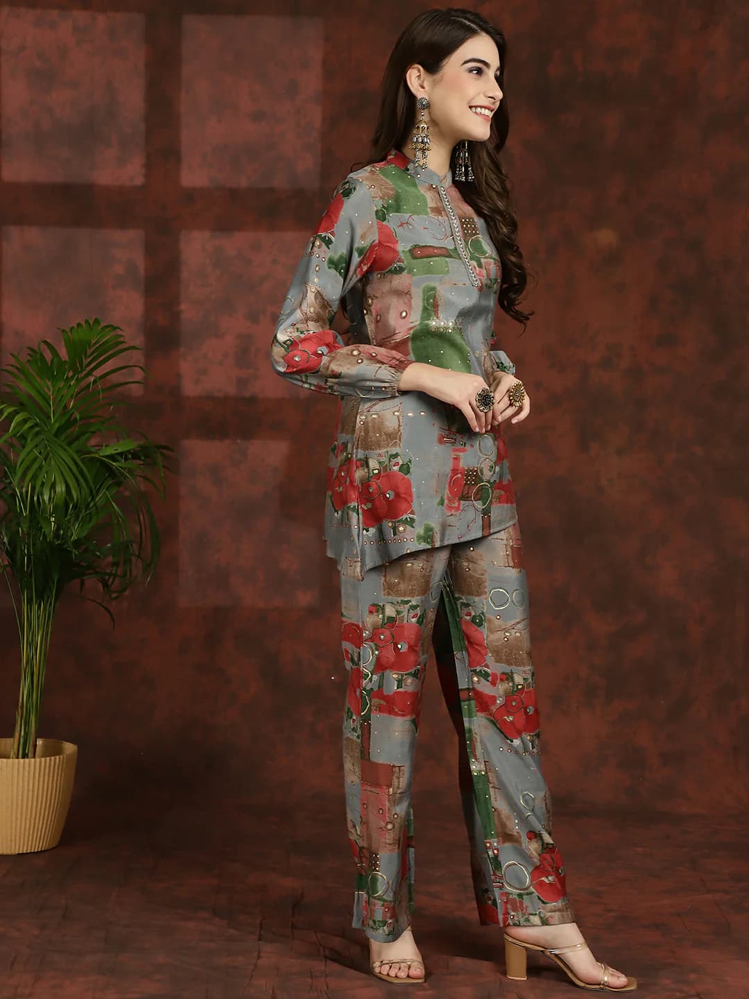 Grey Blossom Ensemble - Floral Chanderi Silk Co-ord Set alternate view