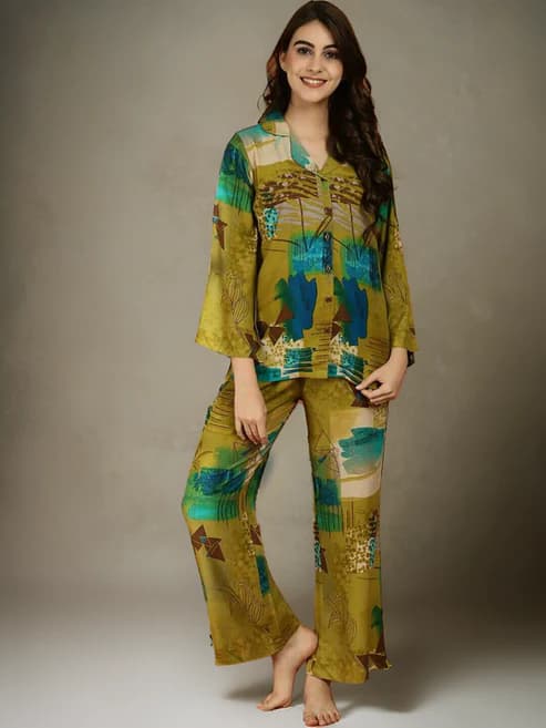 Vibrant Green Abstract Rayon Night Suit: Shirt with Pyjamas