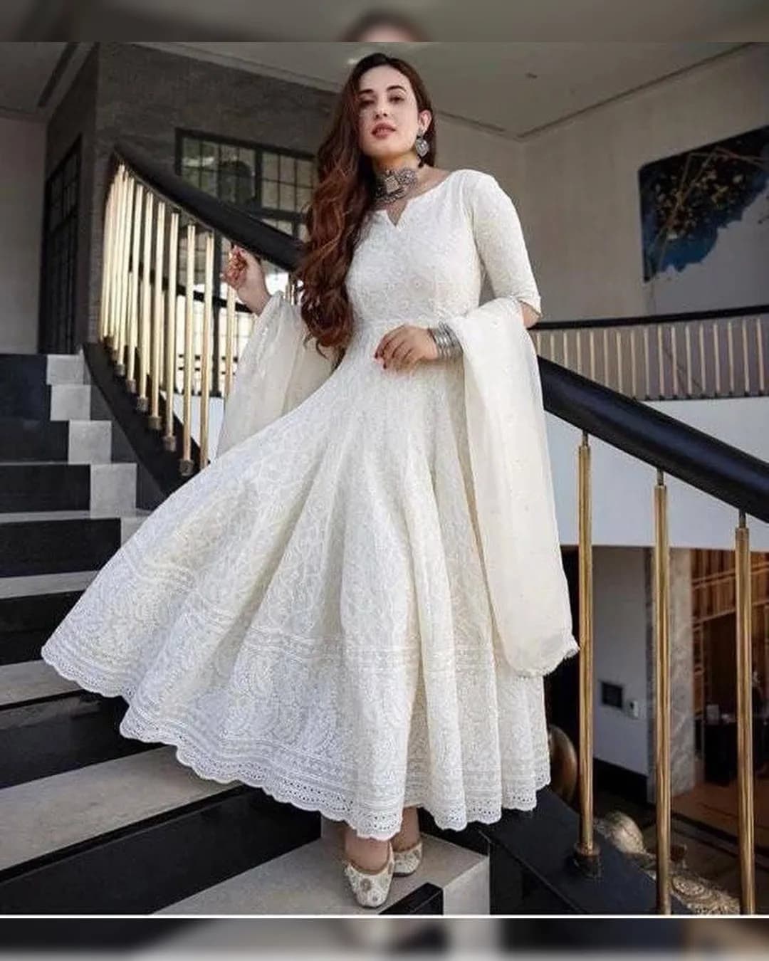 Timeless Elegance: White Chickenkari Kurti with Dupatta