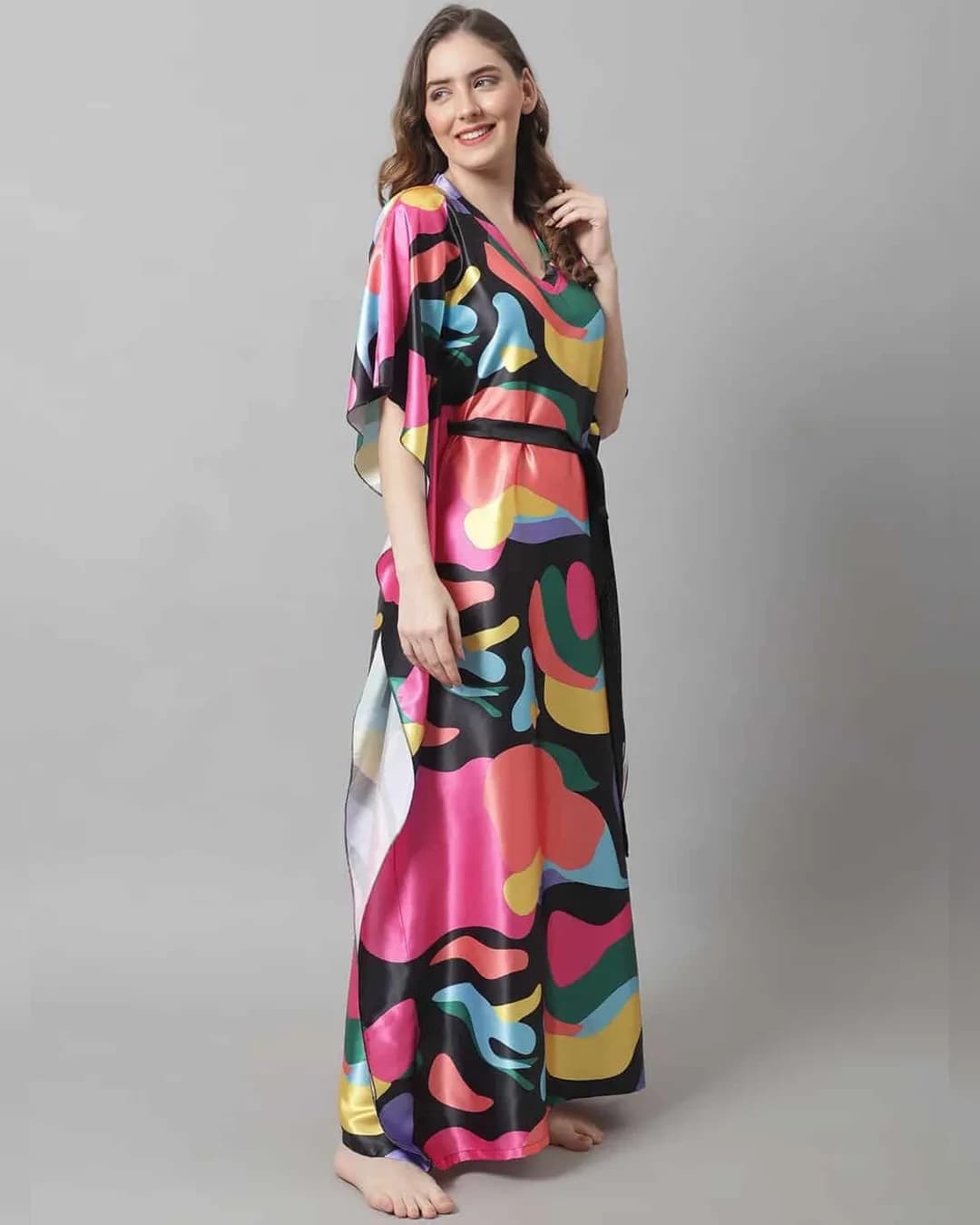 Luxe Comfort: Pink Abstract Satin Kaftan Maxi Nightdress alternate view