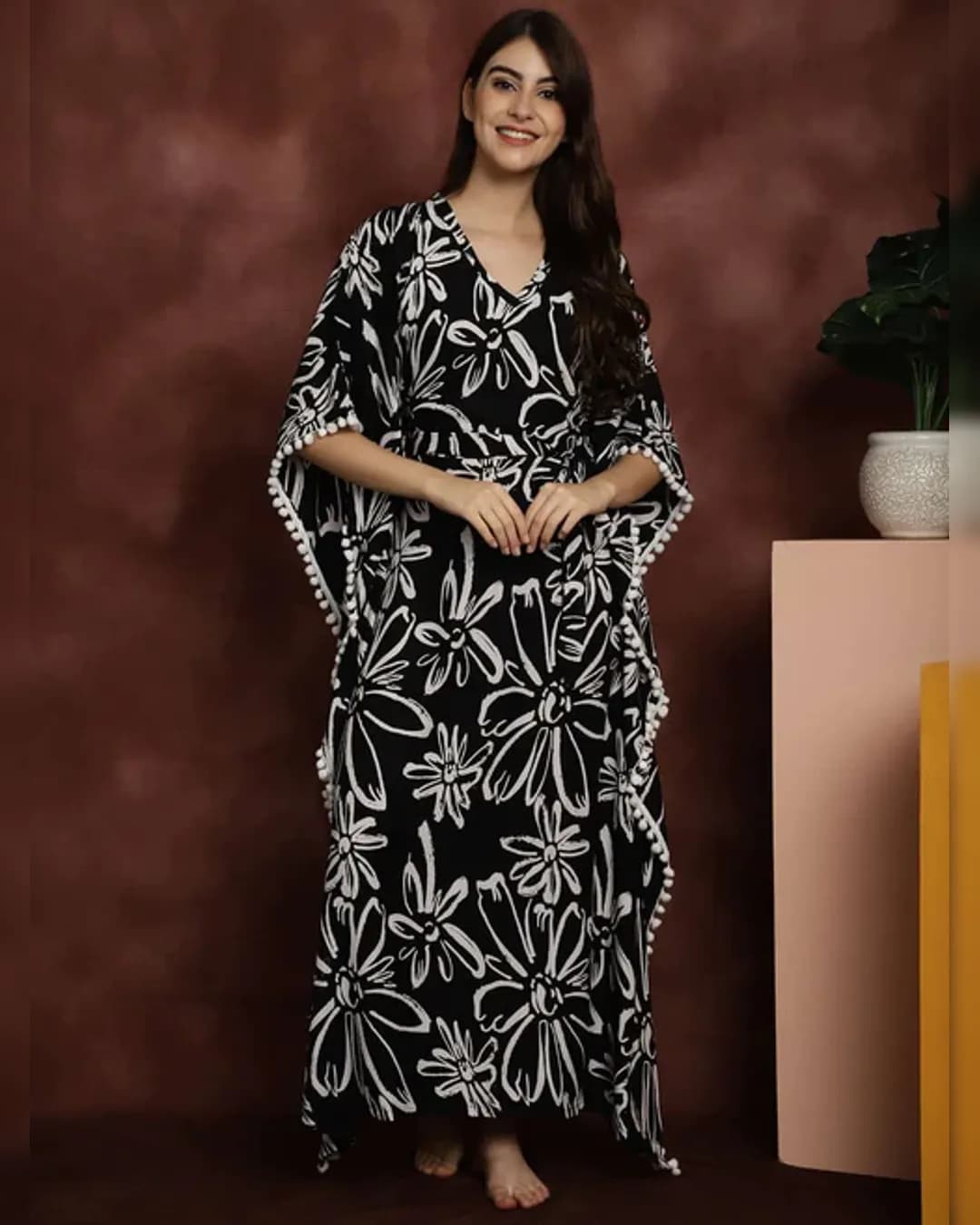 Blissful Comfort: Black Floral Rayon Maxi Nightdress