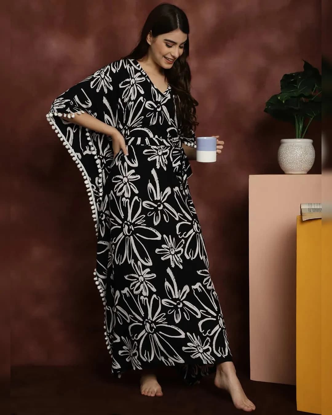 Blissful Comfort: Black Floral Rayon Maxi Nightdress alternate view