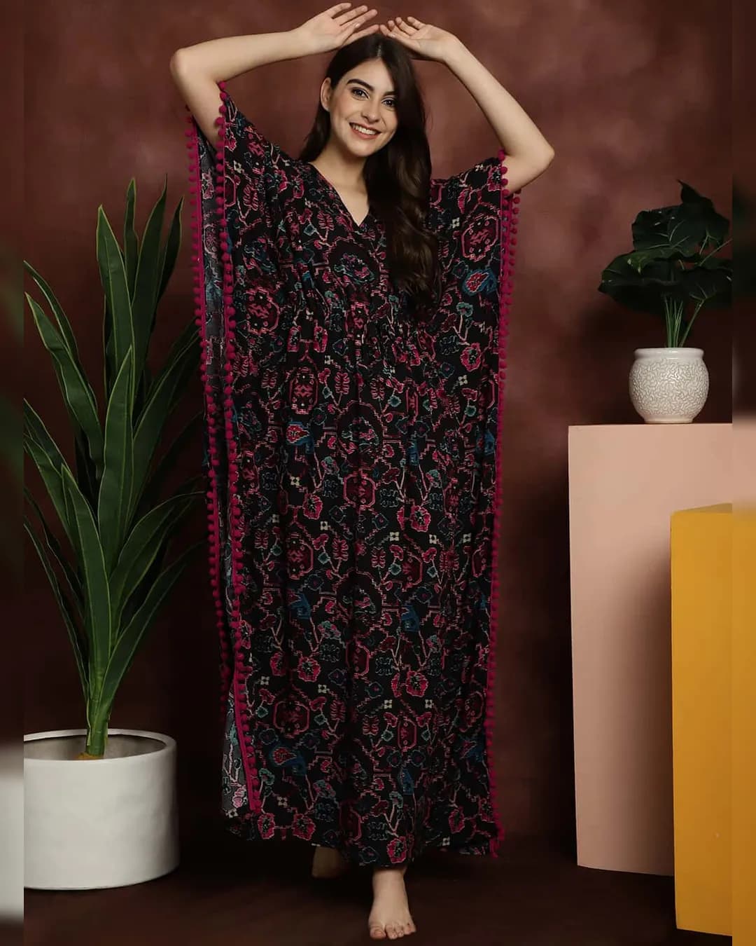 Luxurious Comfort: Black Abstract Printed Viscose Rayon Kaftan Nightdress alternate view