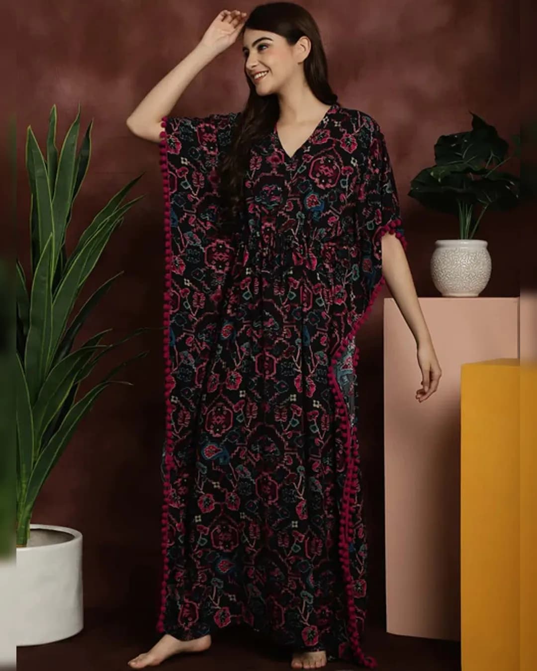 Luxurious Comfort: Black Abstract Printed Viscose Rayon Kaftan Nightdress