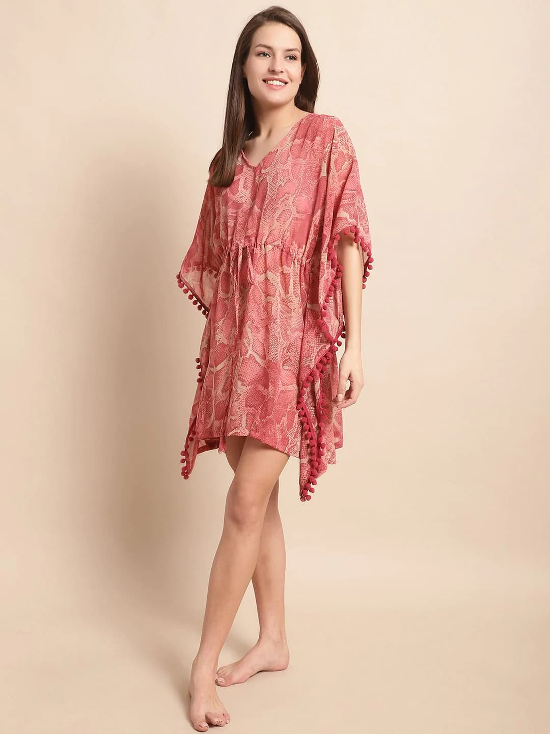 Chic Comfort: Red Abstract Printed Georgette Cover-Up Kaftan