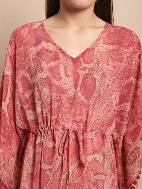 Chic Comfort: Red Abstract Printed Georgette Cover-Up Kaftan alternate view