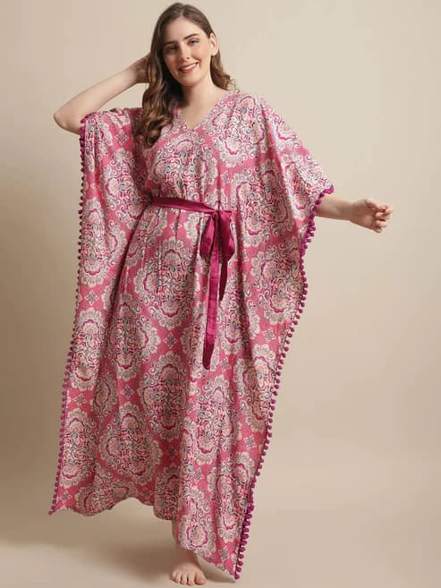 Serene Comfort: Pink Floral Rayon Ankle-Length Nightdress