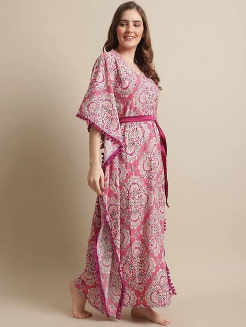 Serene Comfort: Pink Floral Rayon Ankle-Length Nightdress alternate view