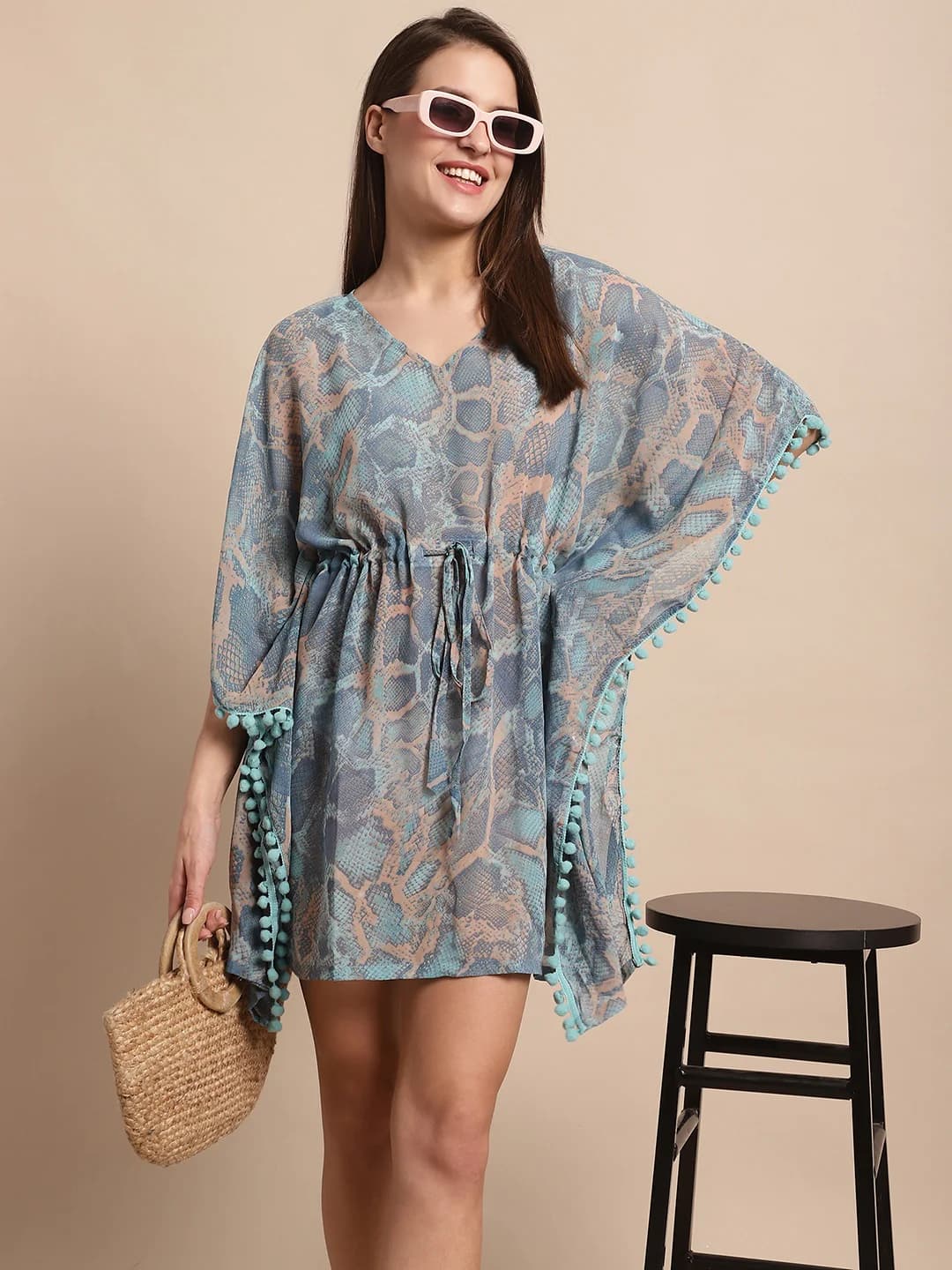 Coastal Charm: Blue Abstract Printed Georgette Cover-Up Top