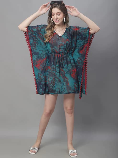 Serene Escape: Green Abstract Georgette Beachwear Set