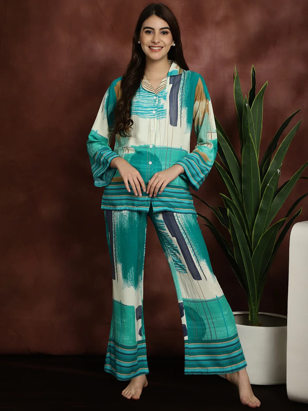 Cozy Elegance: Green Abstract Rayon Night Suit