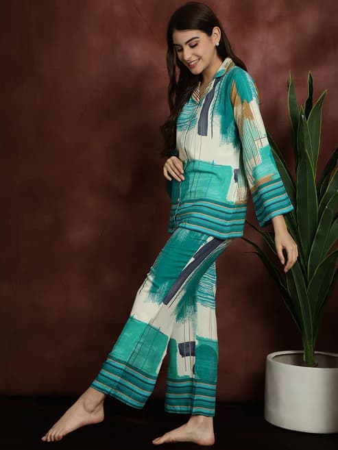 Cozy Elegance: Green Abstract Rayon Night Suit alternate view