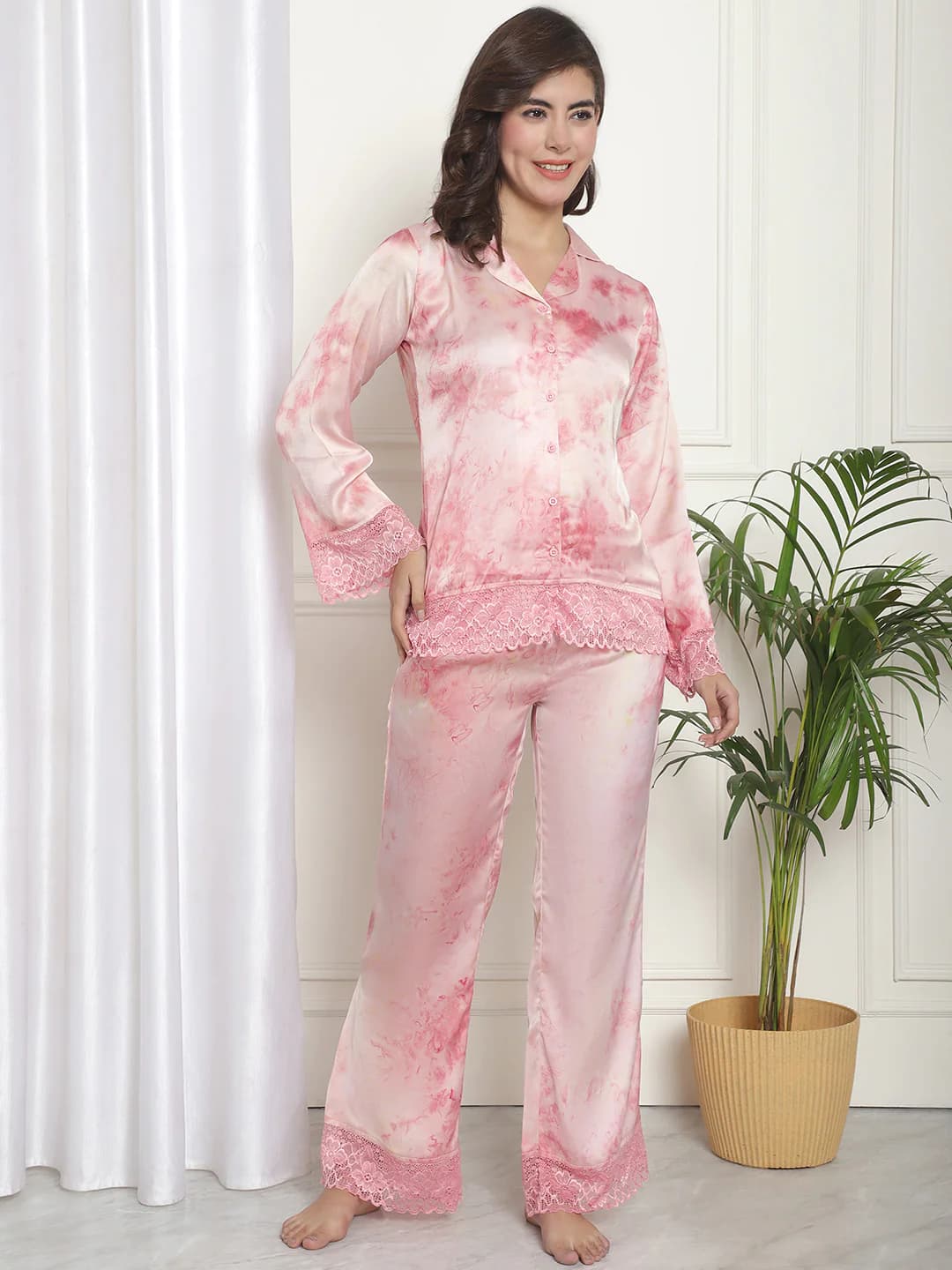 Cozy Elegance: Pink Tie & Die Silk Satin Night Suit