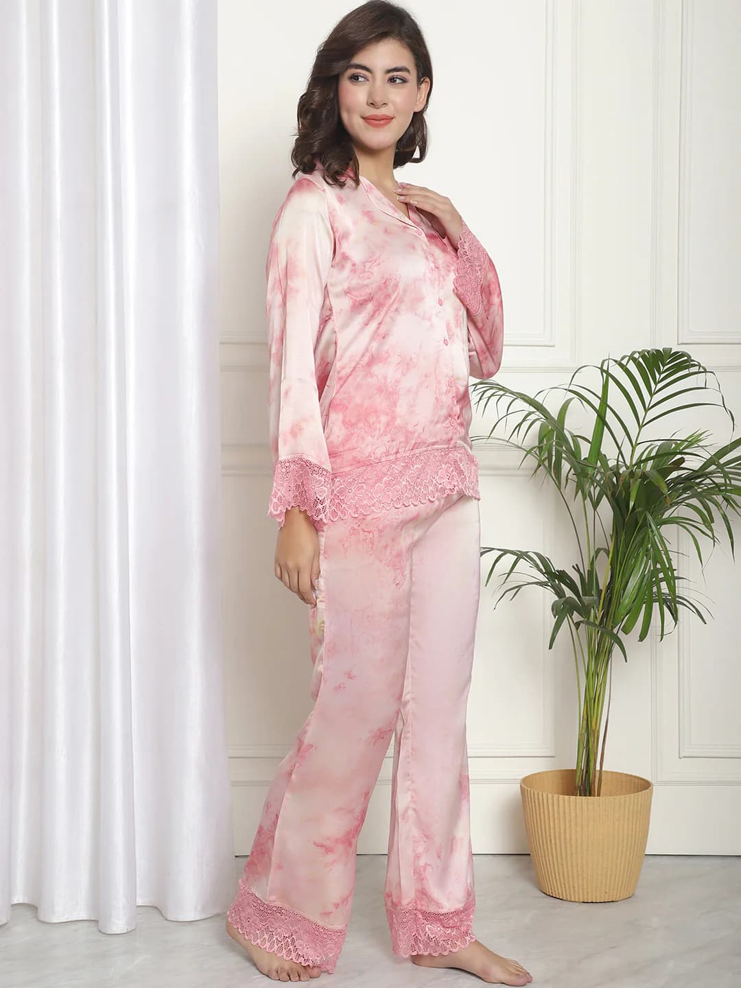 Cozy Elegance: Pink Tie & Die Silk Satin Night Suit alternate view