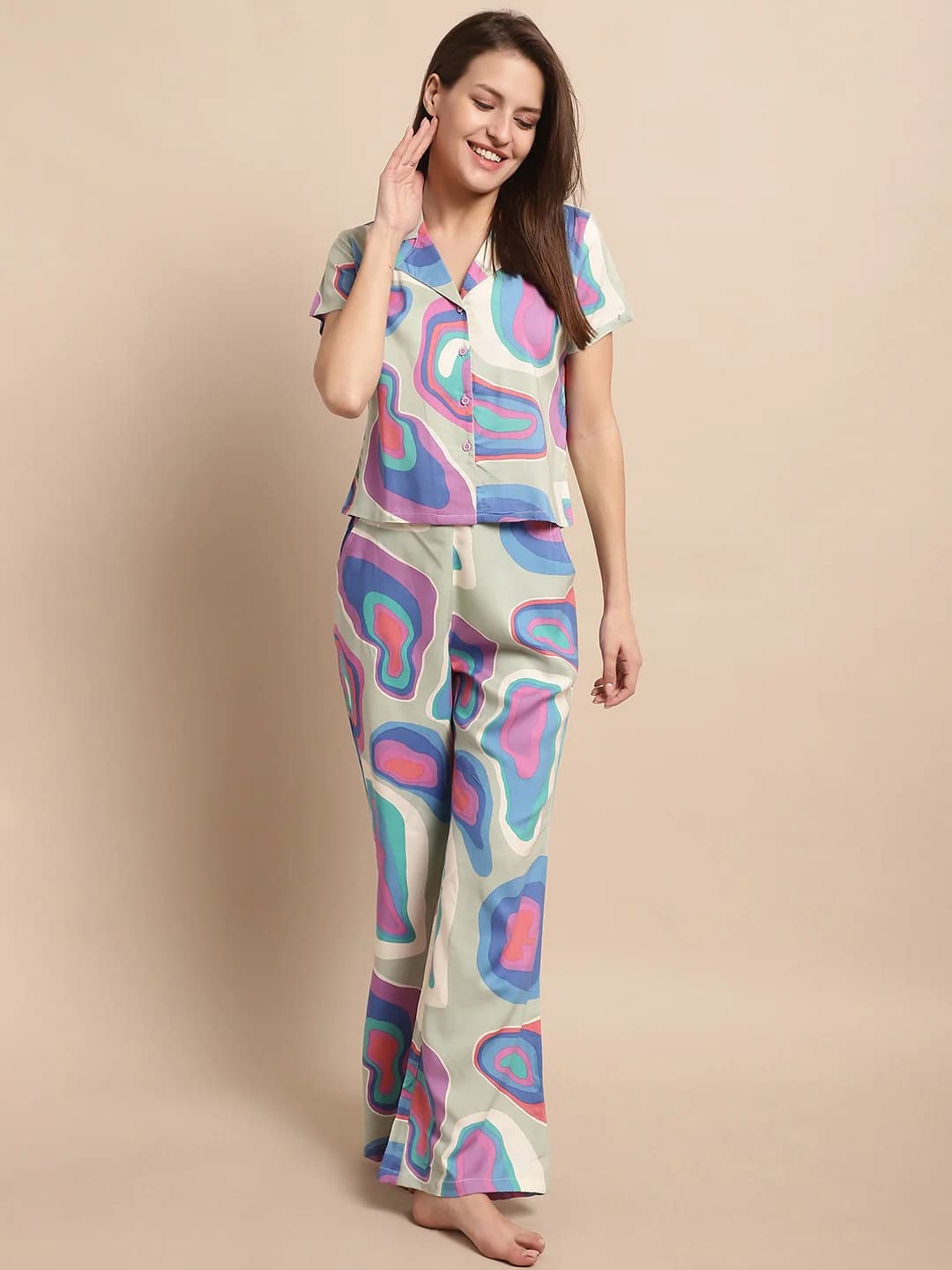 Multi Abstract Rayon Crop Top with Bottom Night Suit