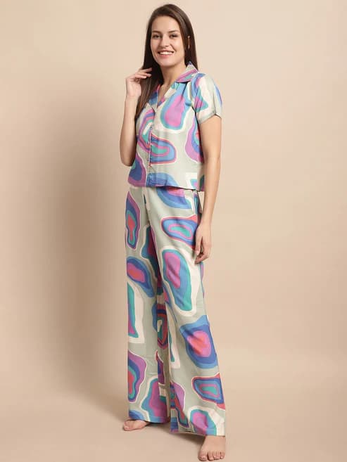 Multi Abstract Rayon Crop Top with Bottom Night Suit alternate view
