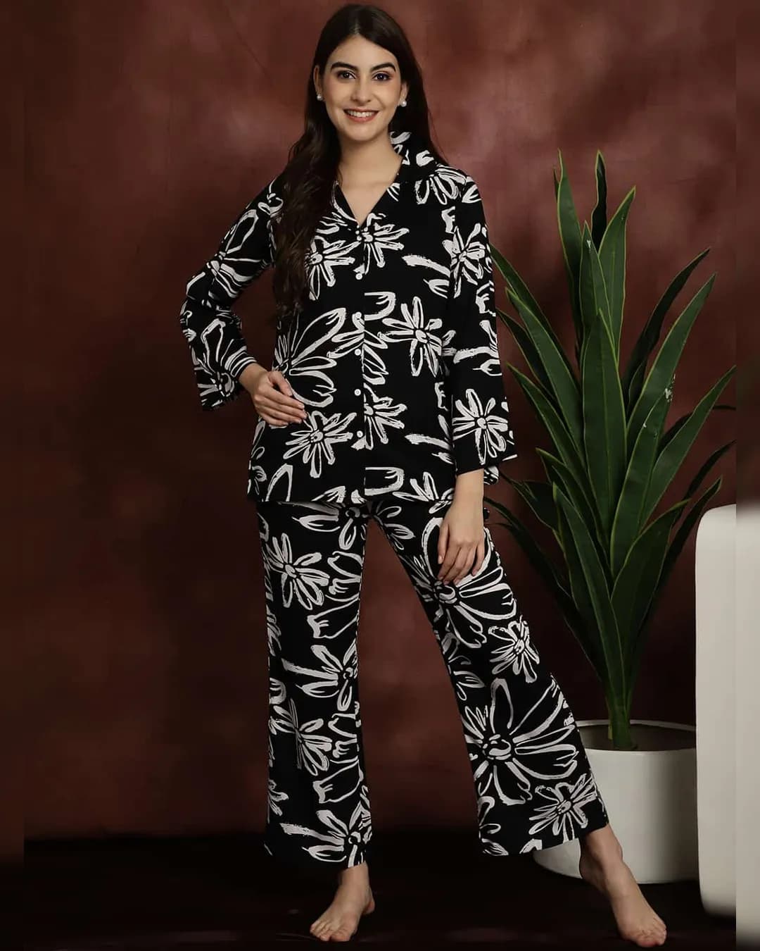 Luxurious Comfort: Black Floral Printed Rayon Night Suit