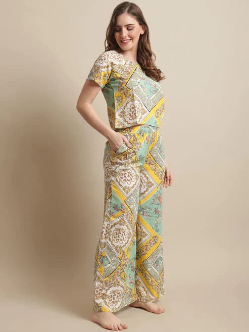 Sunshine Comfort: Yellow Floral Cotton Night Suit