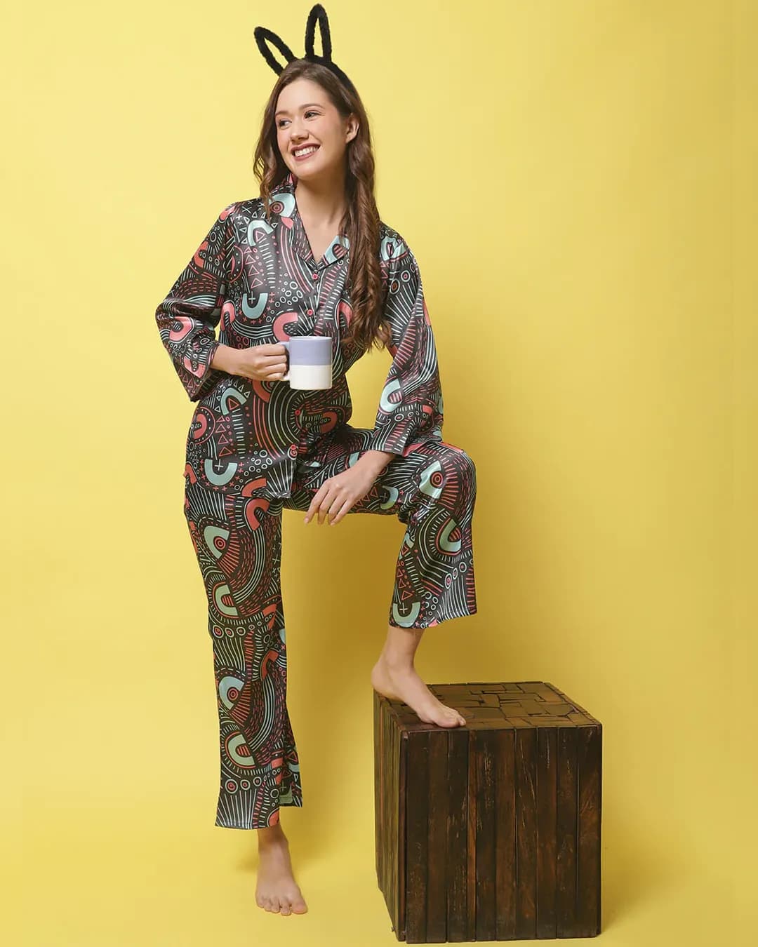 Luxurious Black Satin Abstract Night Suit