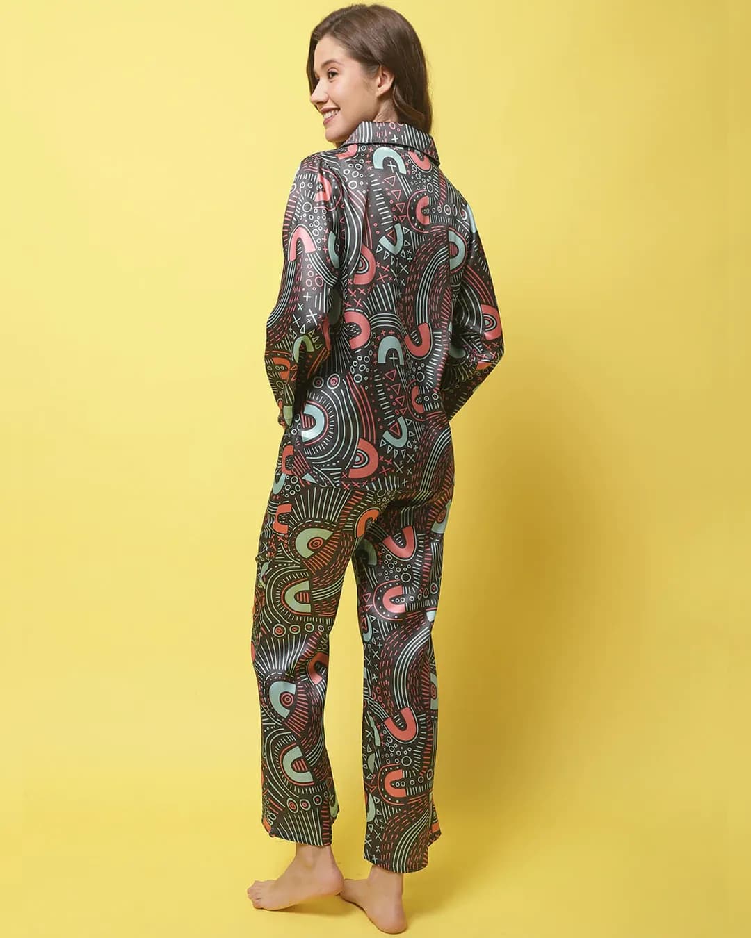 Luxurious Black Satin Abstract Night Suit alternate view