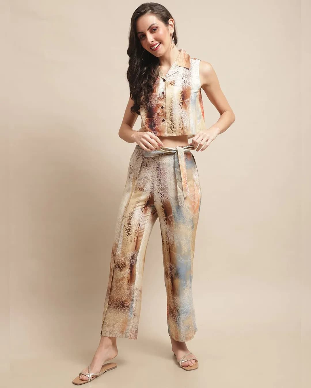 Cuban Chic Brown Motif Co-ord Set - Rayon Ensemble