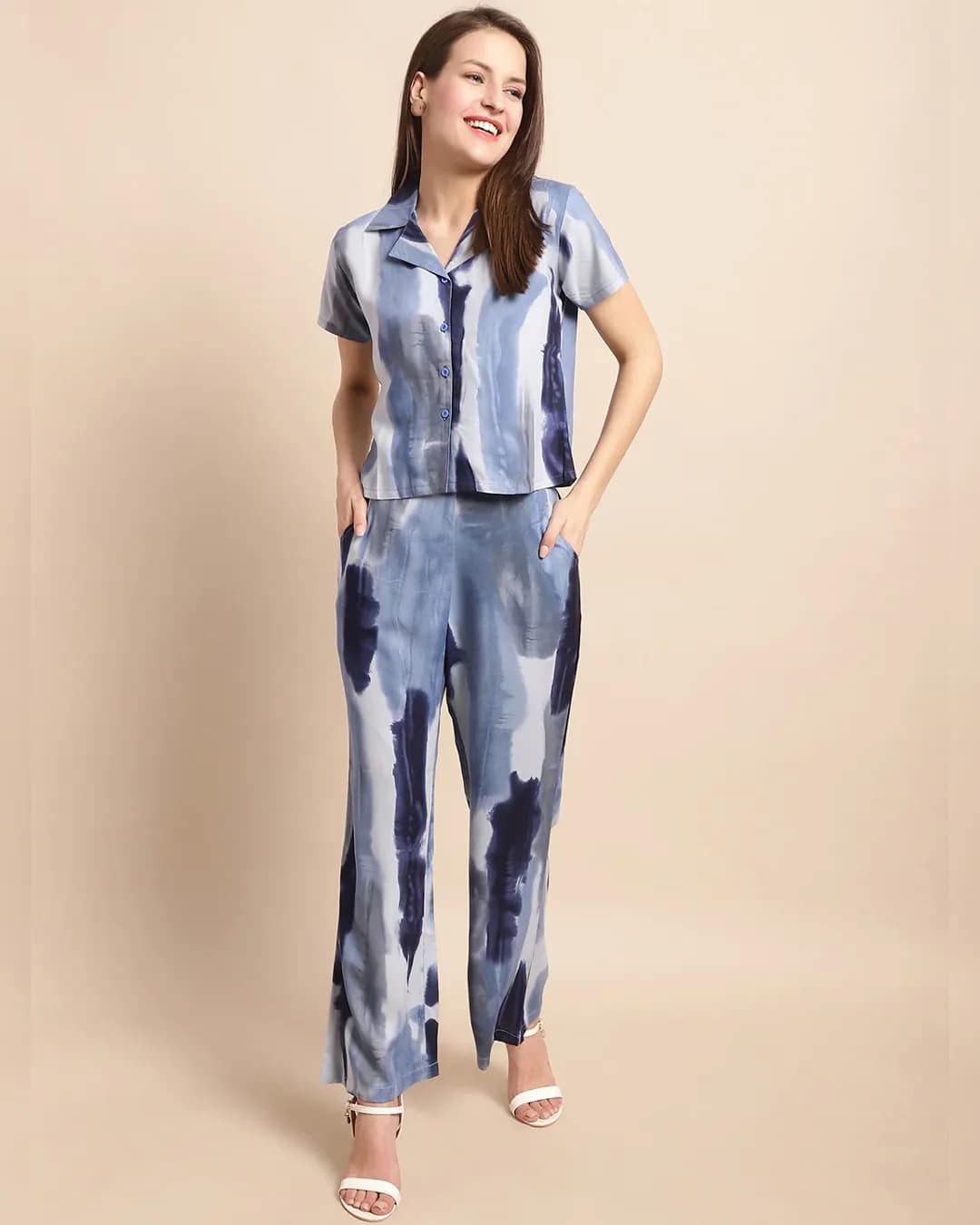 Blue & White Tie-Dye Viscose Rayon Co-ord Set