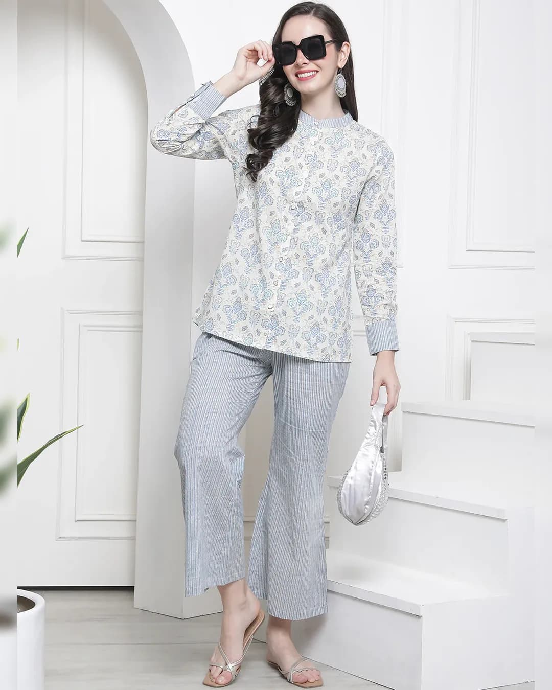 Tranquil Blossoms: Blue Floral Cotton Co-ord Set