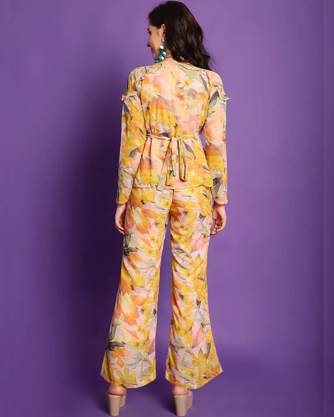 Yellow Floral Printed Georgette Top With Palazzo Co-ord Set alternate view